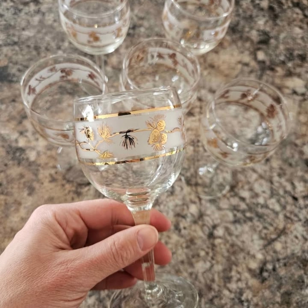 Libbey vintage 1960s MCM Pinecone set of 6 Frosted‎ With Gold Wine Glasses